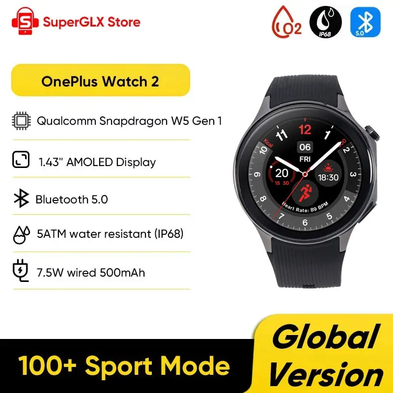 글로벌 버전 원플러스 워치 2 스마트 워치 2GB 램 32GB 롬 1.43인치 AMOLED 디스플레이 구글 웨어 OS 4 듀얼 주파수 GPS NFC 워치