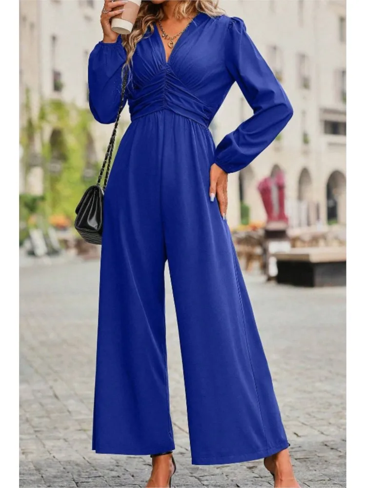 

Fashion Deep V-neck Long-sleeved High Waist Jumpsuit For Women Elegant Solid Color Lantern Sleeves Loose Casual Jumpsuit Female