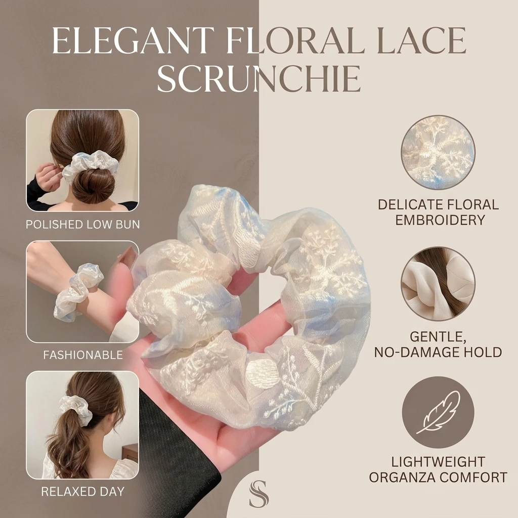 Eleganter Spitzenblumen-Scrunchie im koreanischen Stil, großer Haargummi für Damen und Mädchen, trendiges Haar-Accessoire für den Alltag. – Detail 8