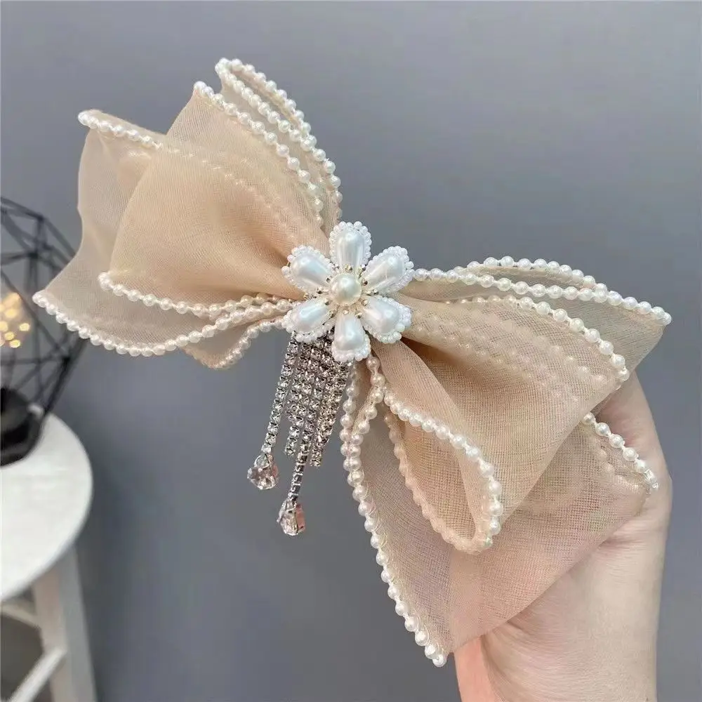 

New Four Seasons Elegant Lace Bow Hairpin Sparkling Water Diamond Pearl Girls' Golden Edge Spring Clip Hair Accessories
