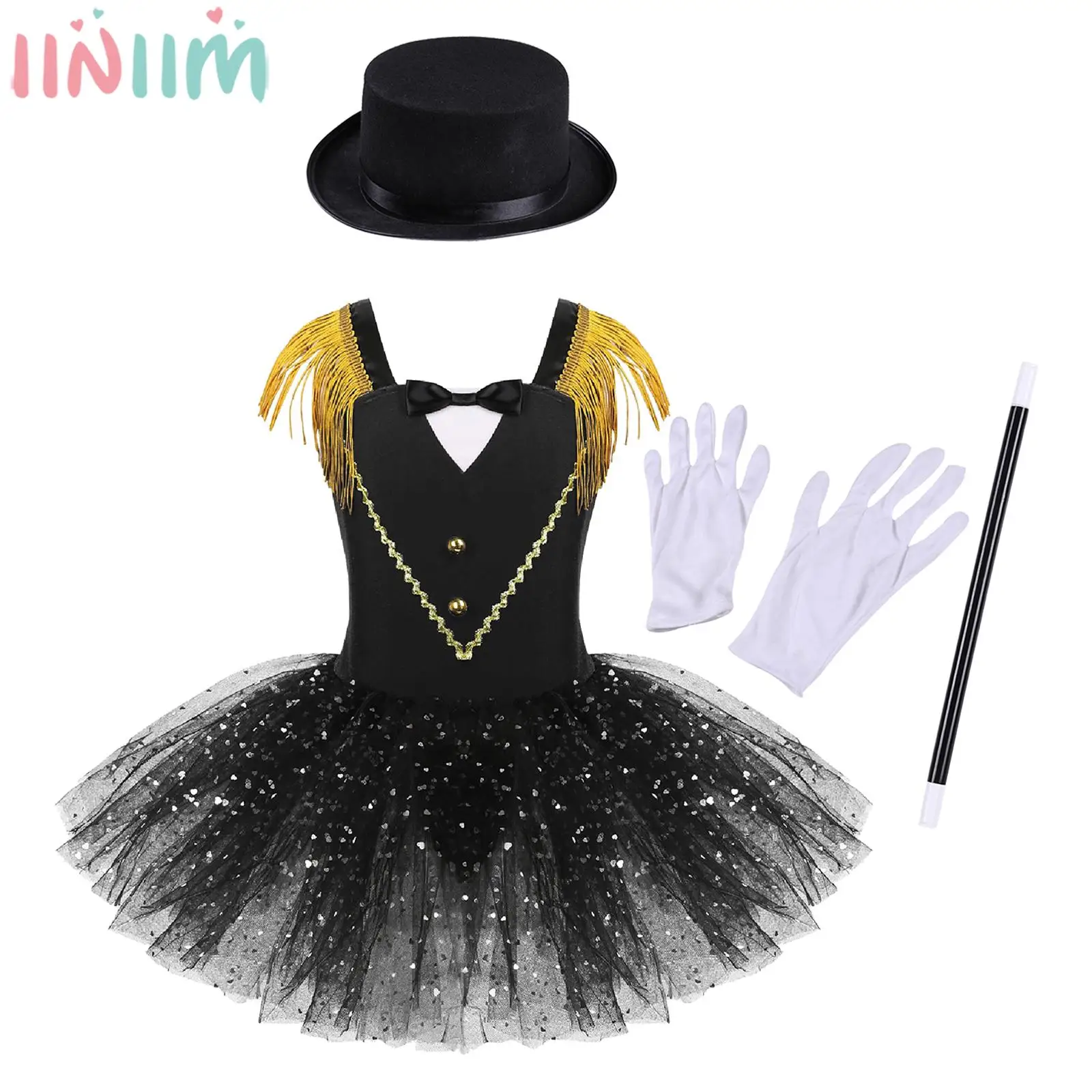 Teen Girls Circus Ringmaster Cosplay Dress Halloween Theme Party Carnival Costume Tassel Leotard Tutu with Hat Magic Wand Gloves