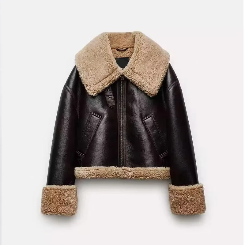 

Double-Sided Leather-and-Fur Jaet Biker Sle Women's Coat Z Brand Loose Fit Long Sve Zipper Closure Winter Outerwear