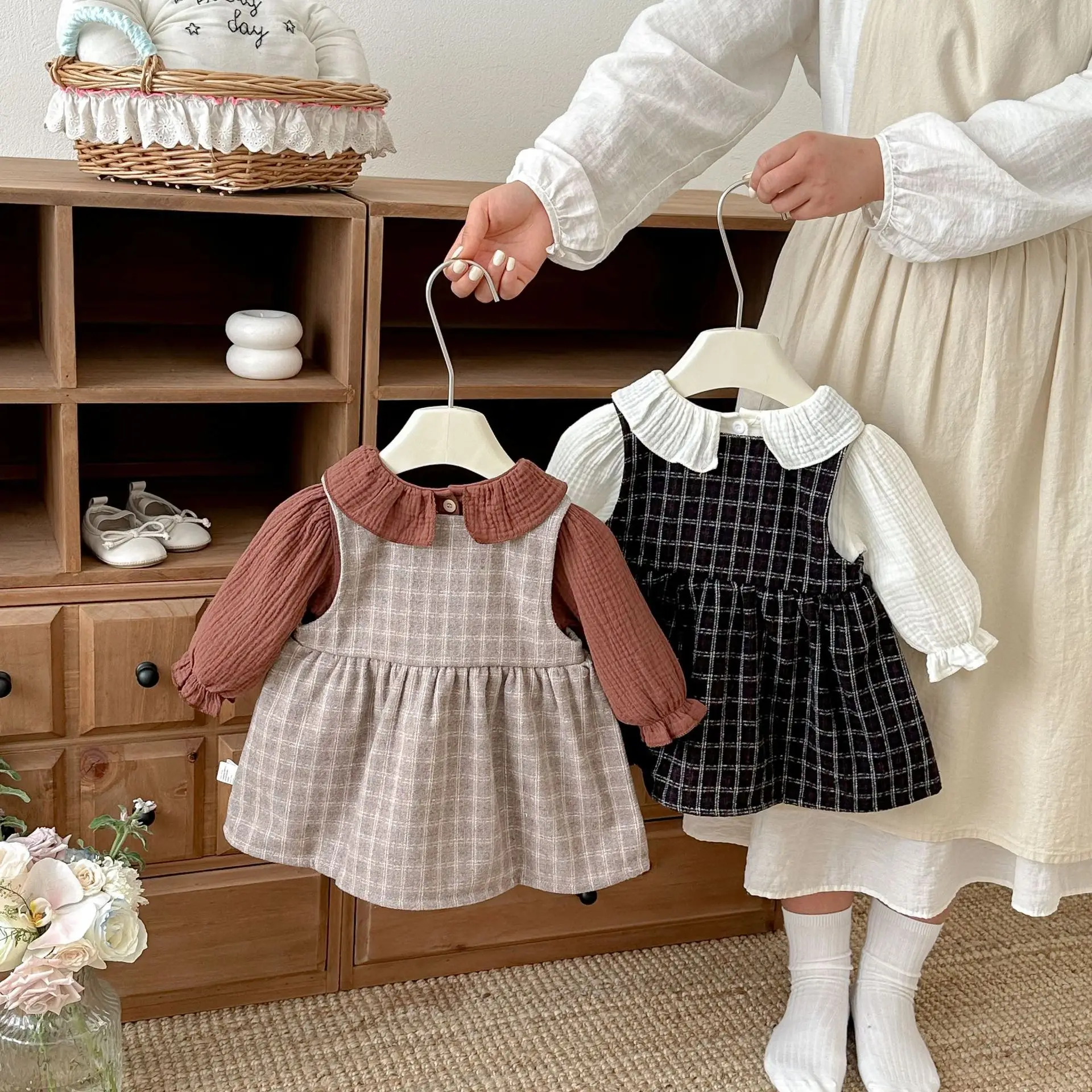 Girls' Spring Style Fashionable Western Style Tank Top Skirt, Doll Collar Bottom Shirt, Two Piece Set, Baby Girl Half Body Skirt