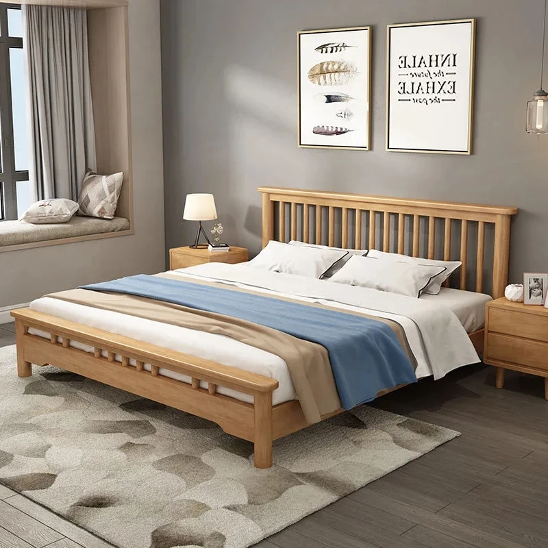 

￥%Modern Nordic Solid Wood Double Minimal Bed Modern Simple Design with Soft Bag Bedhead
