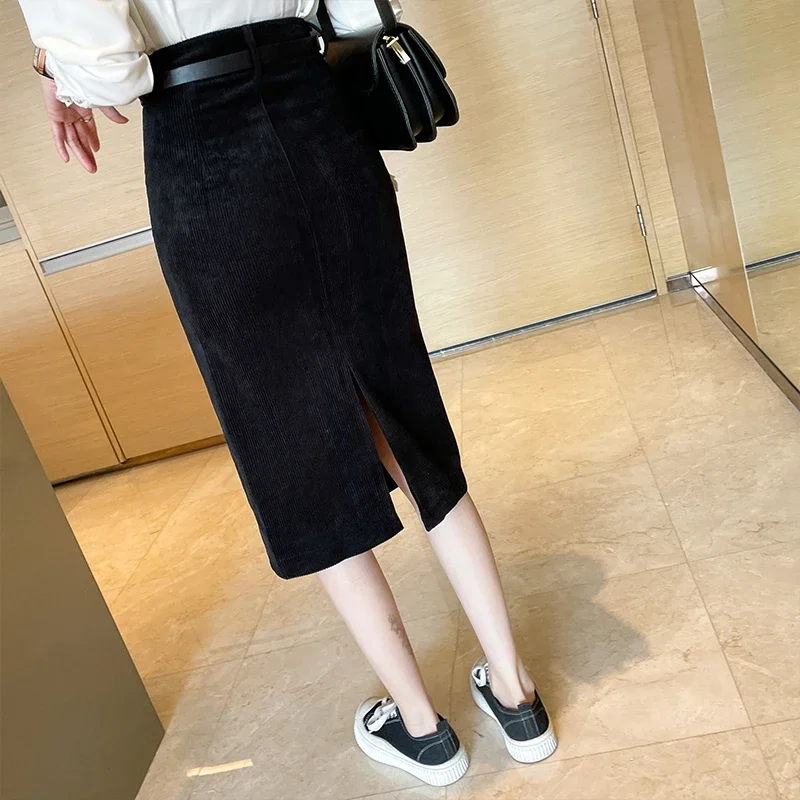 Office Lady Vintage Autumn Winter Corduroy Midi Skirt Woman Spring Fashion Casual Korean Fashion Clothing Female Cheap Wholesale