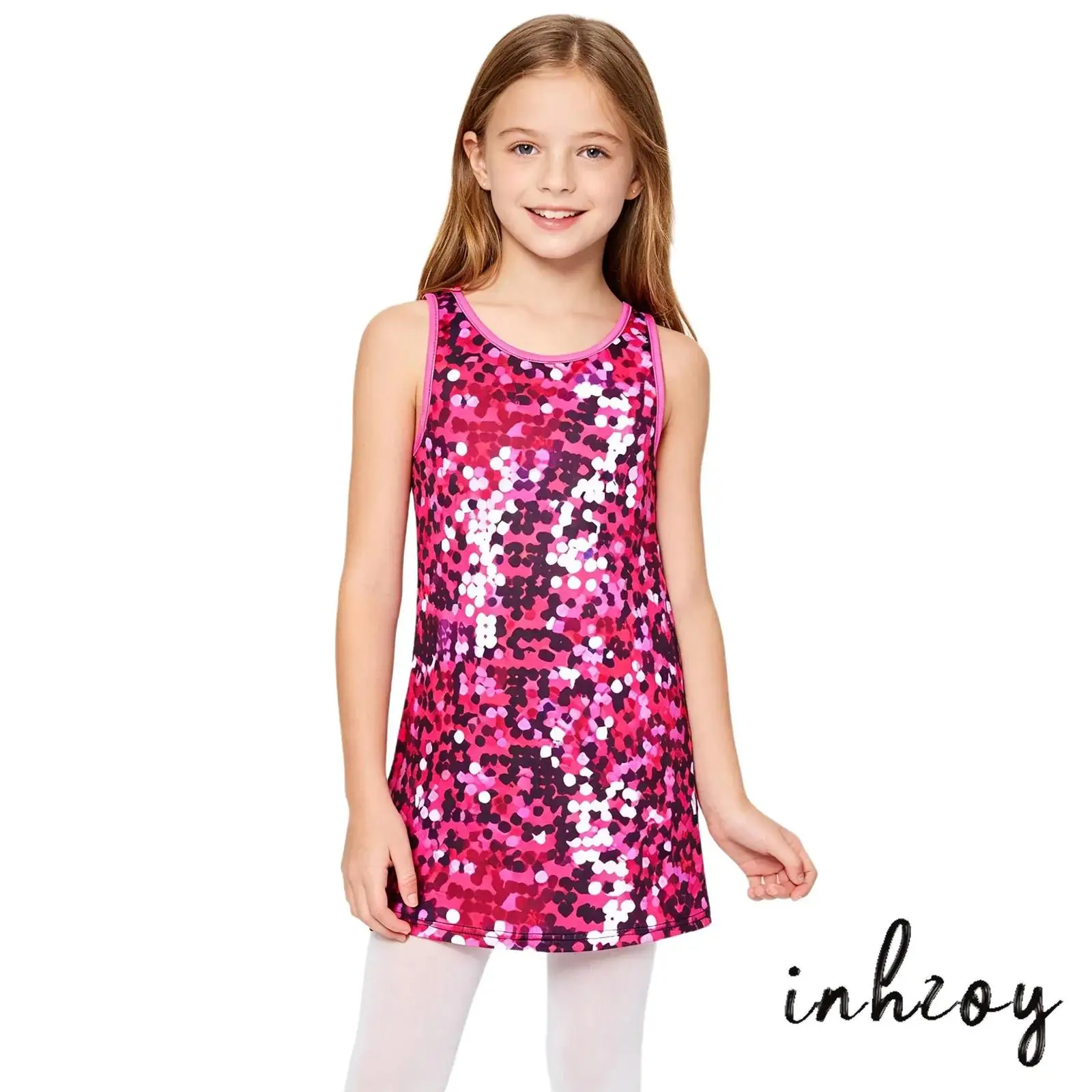 

Child Girls Sleeveless Sequin Print Sundress Kids Street Dance Costume for Jazz Dance Stage Performance Disco Clubwear