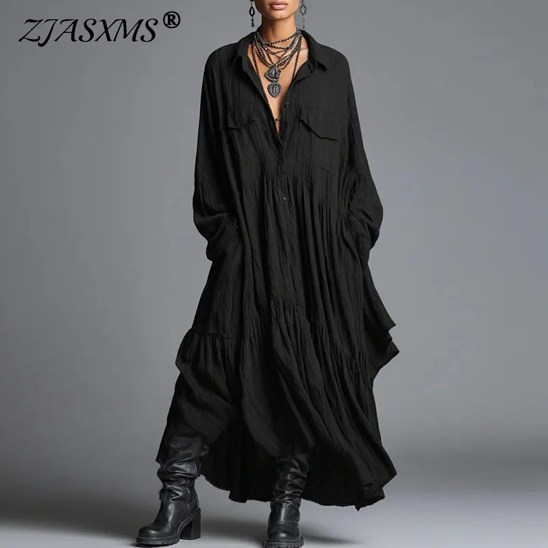 Damen Freizeitkleider Neu Vintage Einfarbig Locker Plissiert Böhmisch Langes Kleid 2026 Frühling Langarm Knopfleiste Hemdkragen Maxikleid