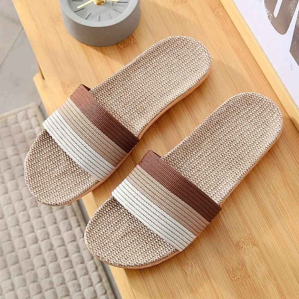 

Уютные нескользящие льняные домашние тапочки в полоску, льняные мужские тапочки, сандалии, впитывающие пот, женские тапочки, женские