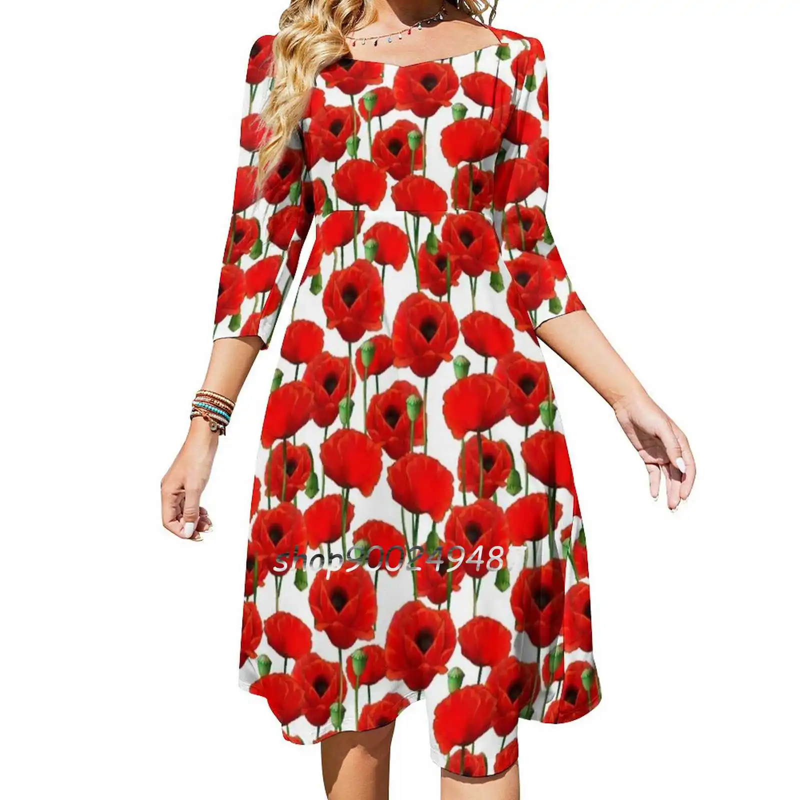 

Poppy Pattern Sweet Elegant Dress Women Korean Kawaii Square Collar Dress Poppies Poppy Poppy Field Red Poppy Poppy Pattern