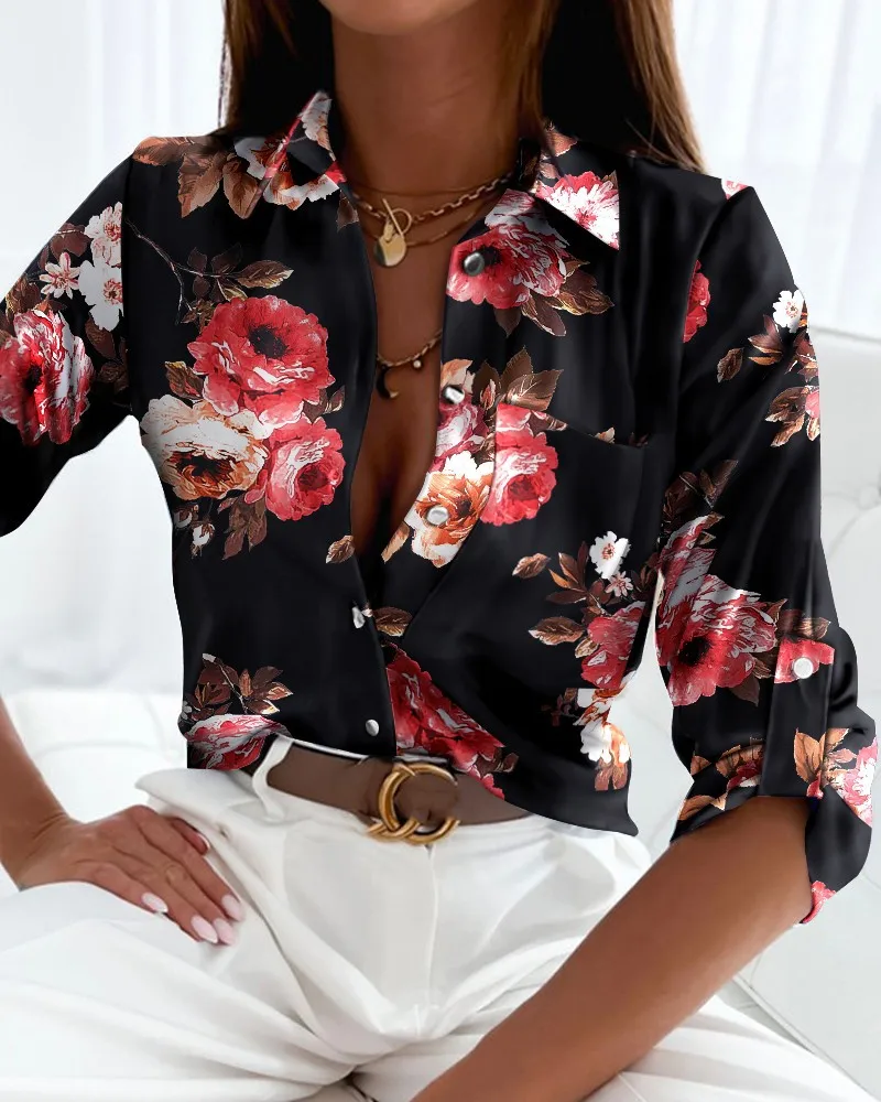 Damen Langarm-Bluse mit Knopfleiste und geometrischem Druck, Lässiges locker sitzendes Hemd-Oberteil für Büro oder Alltag – Detail 7