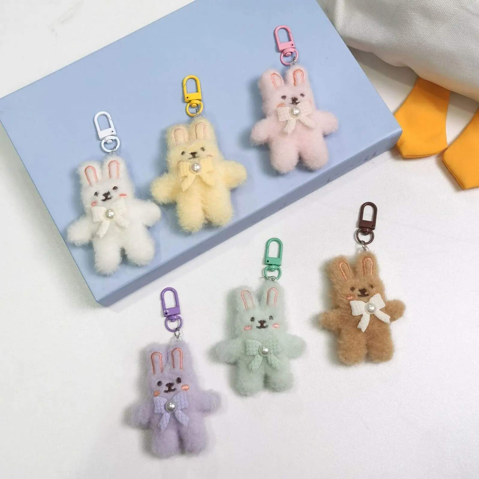 Bowknot 3D Rabbit Plush Keychain, Cute Fluffy Bunny Keyring for Girls, Soft Stuffed Car Key Ring, Backpack Bag Pendant Gift