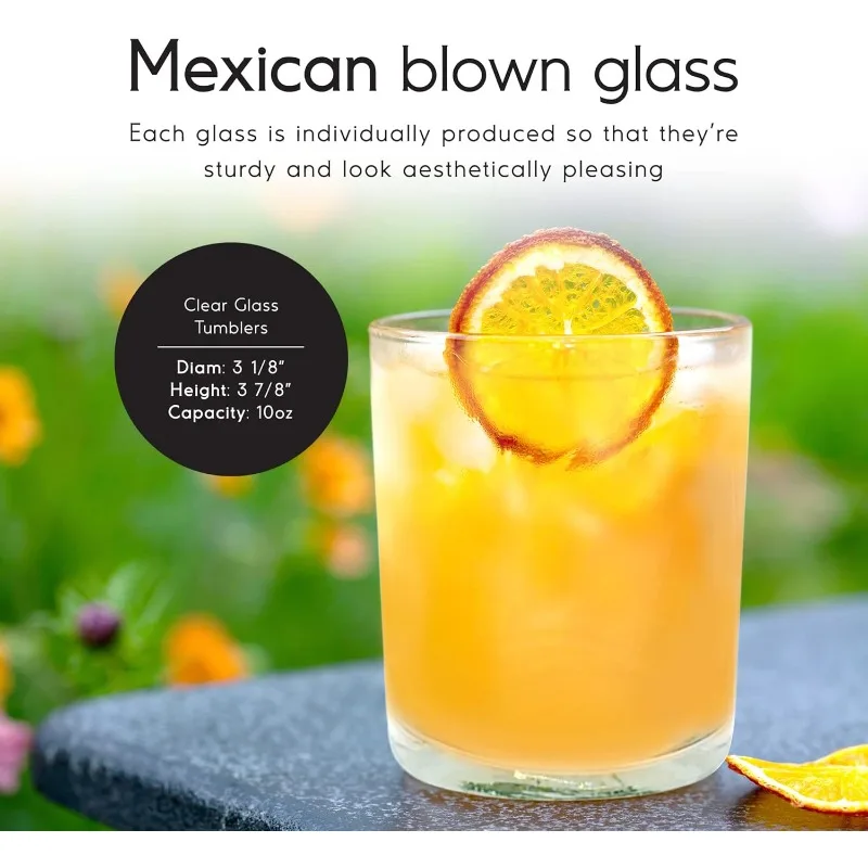 Clear Blown 10 oz Tumbler Glasses, set of 6, Mexican Handmade Glassware, Recycled Glass