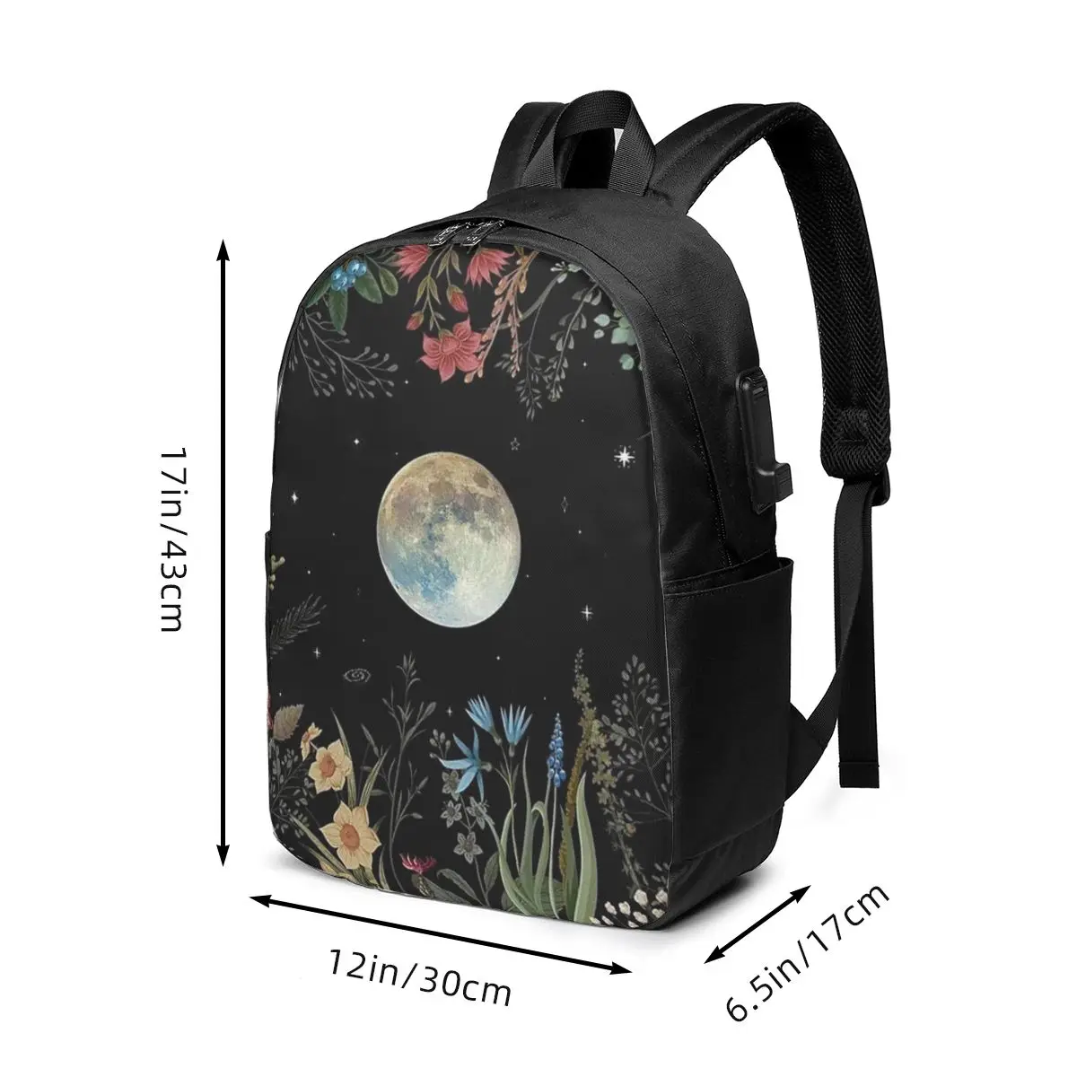 Mystical Moon Phases Wildflowers Print Backpack Travel Notebook Bag Computer College Student School Bag Laptop Shoulder Bags