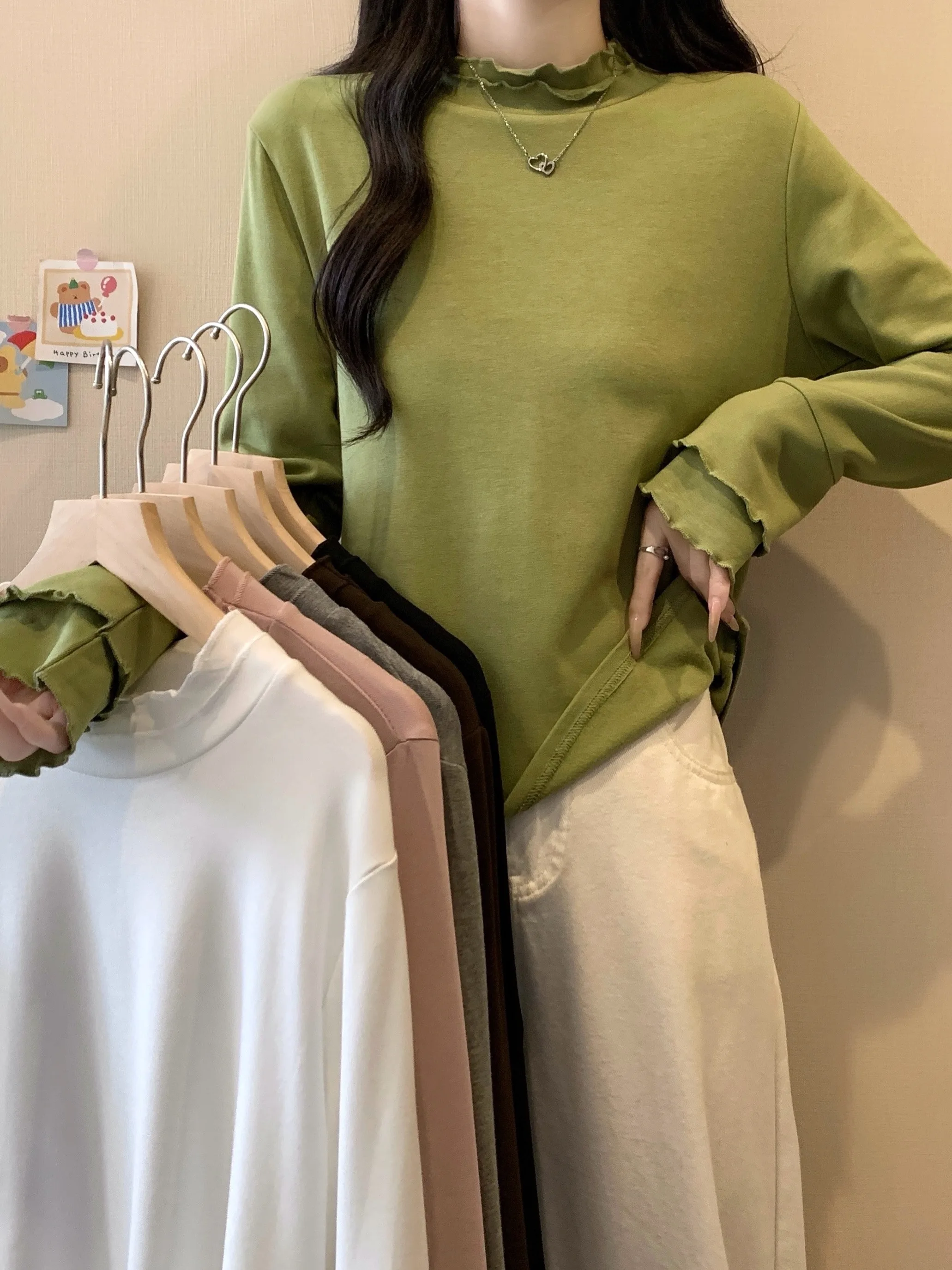 

plus Size Women's Korean Style Long Sleeve Fleece Lined Slim Fit High Collar T-Shirt Autumn Winter New Style Base Shirt Top