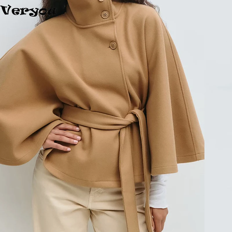 

Fashion Women Jacket Batwing Sleeve Woolen Belted Solid Coat Women Stand Collar Single Breast Lace Up Autumn Winter Outerwear