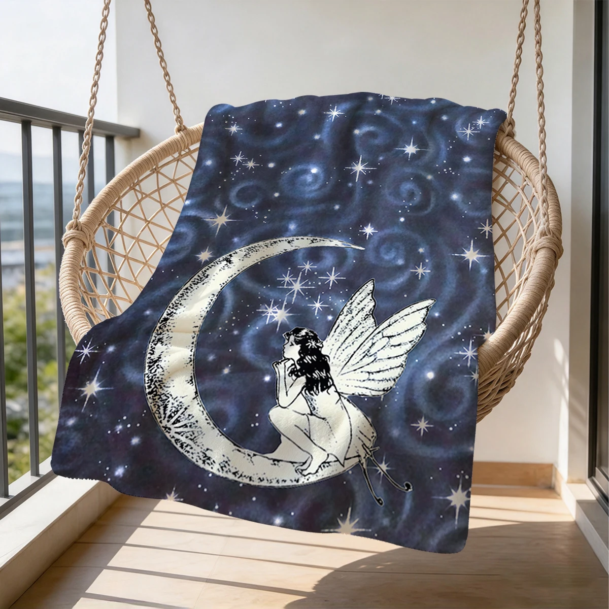Fairy Under Starry Moon Flannel Blanket Warm Soft Halloween Christmas Couch Warm Cozy Decorative Decor Gift for All Season