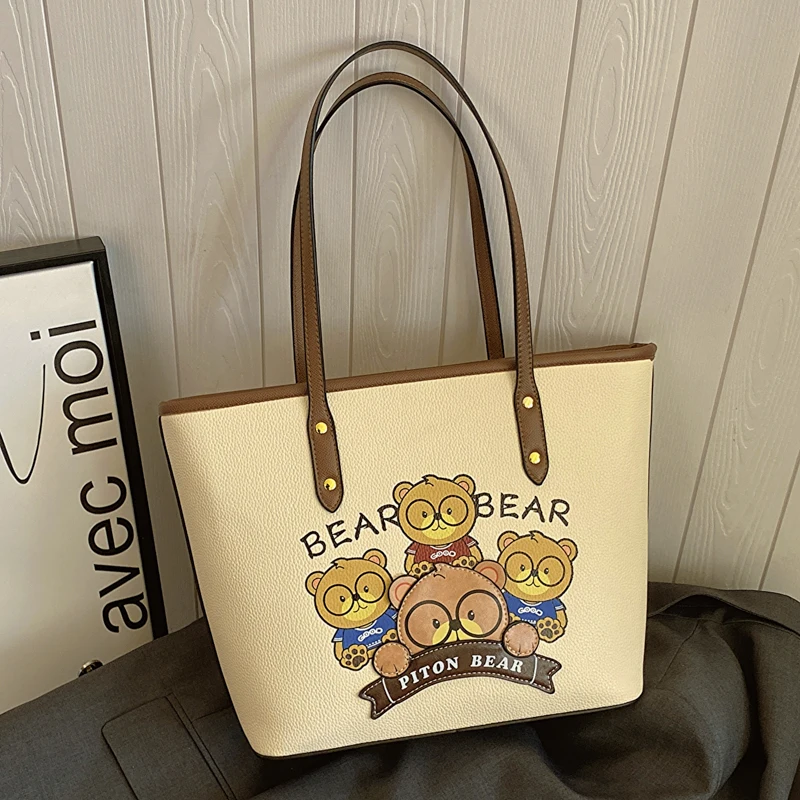 Cartoon bear shoulder bag for women,Large capacity commuter Tote bag for office women,High quality lady big purse shoulder bag