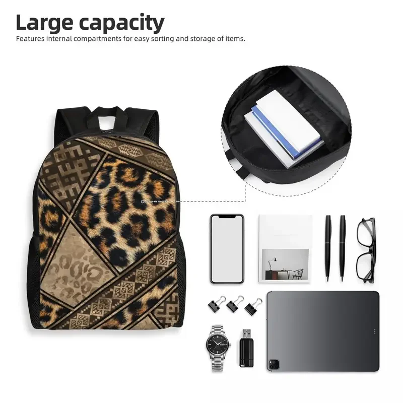 Mochilas de piel de leopardo personalizadas con adornos geométricos étnicos y tribales, bolsa de libros básica para la Escuela Universitaria, bolsas de textura de cuero de animales