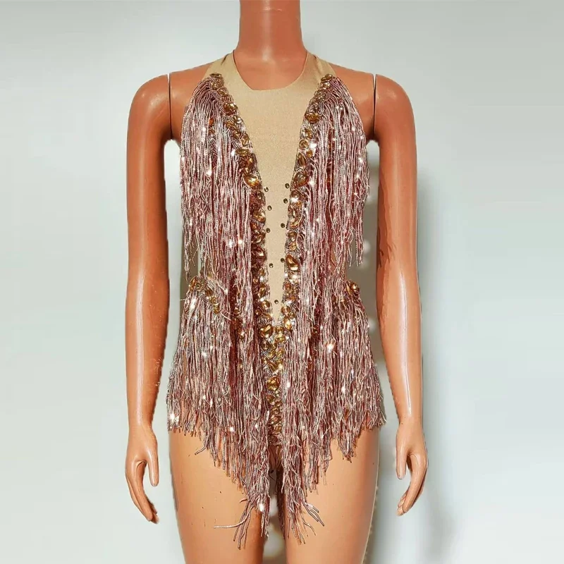 セクシーなポールダンス衣装ゴールドラインストーンボディスーツ女性パーティードラッグクイーン衣装バー Ds Dj ステージゴーゴーパーティー衣装