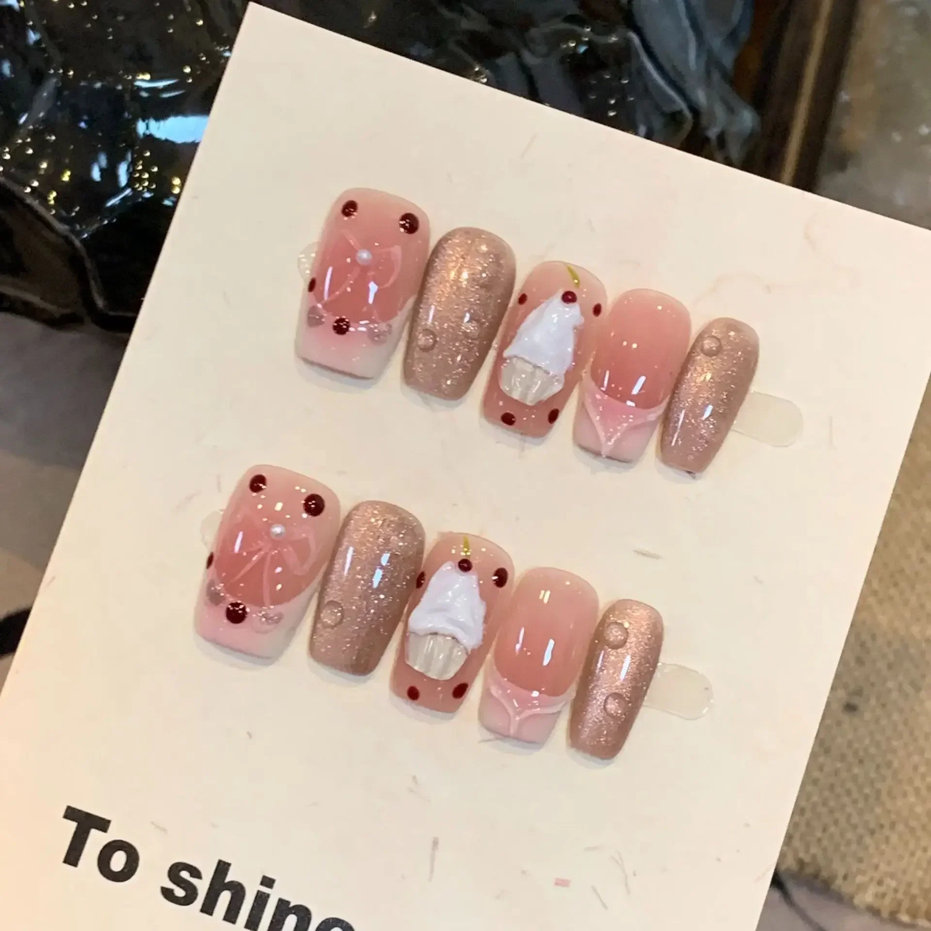 

10 шт., коричневый, розовый, квадратный, ручной пресс для ногтей с мороженым, кошачий глаз, стразы, бант, французский балет, накладные ногти, носимый маникюр