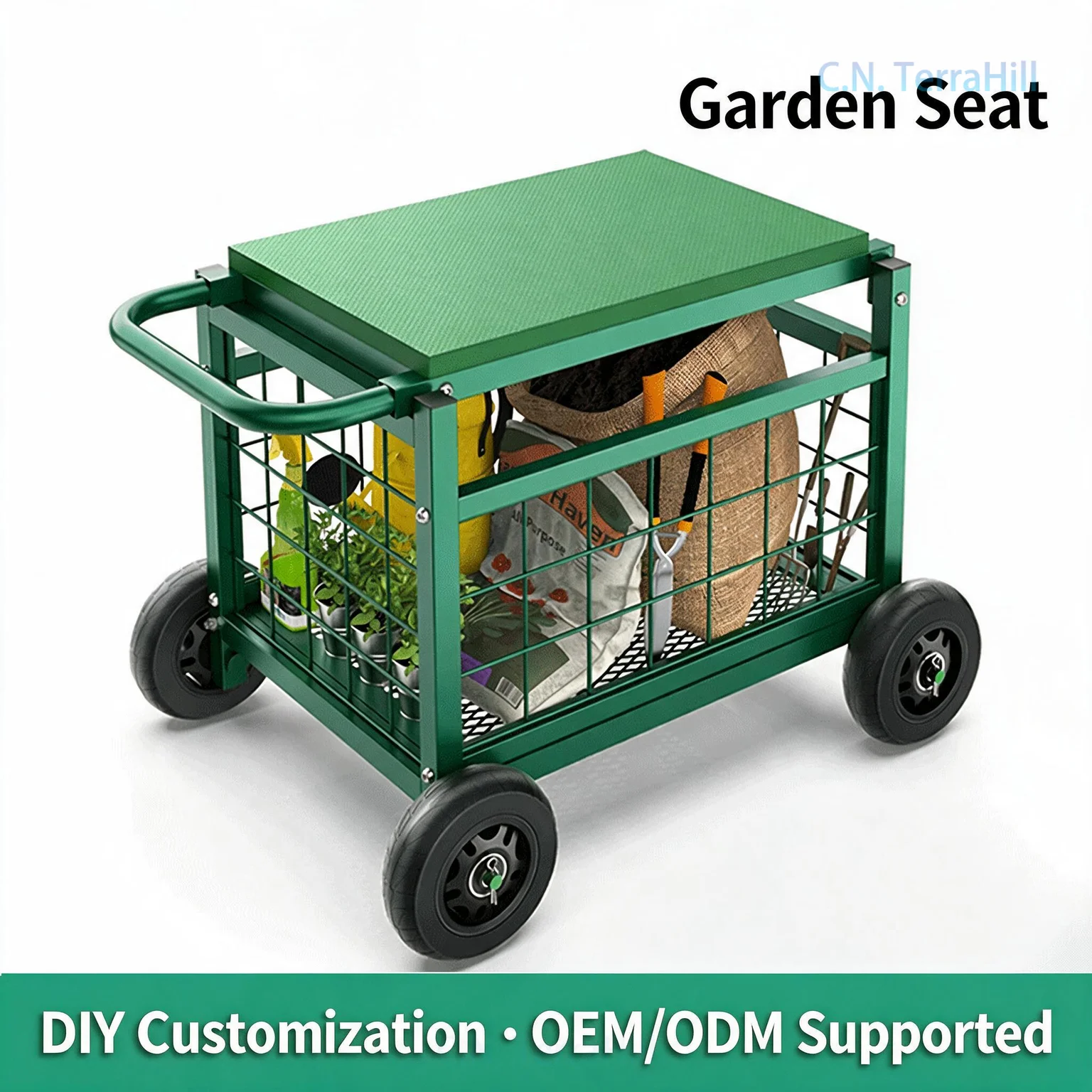 Garden Seat Cart with Wheels, Mobile Rolling Stool for Gardening, Yard Tool Trolley with Handle