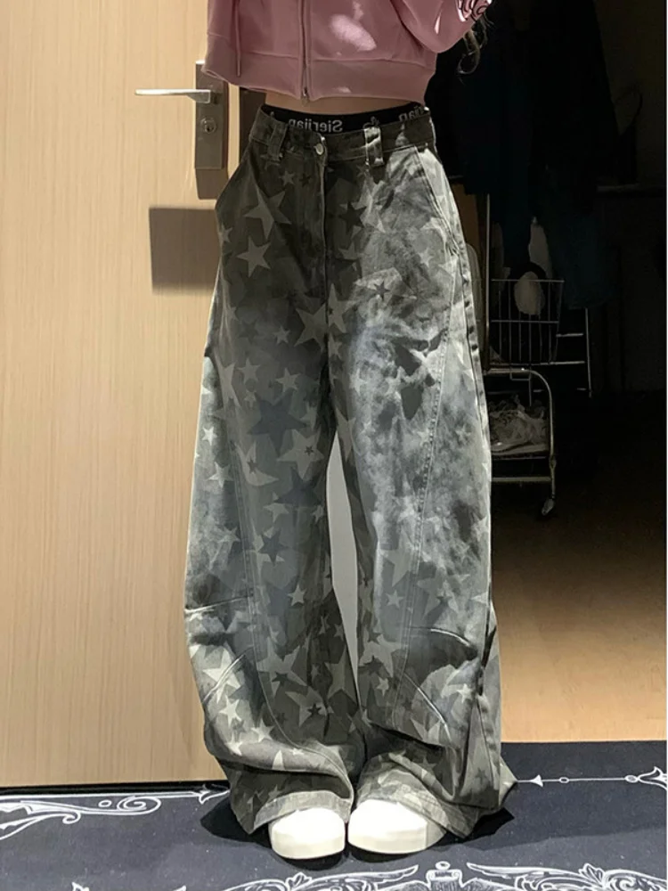 2026 Spring Jeans Women's Retro Star Print Camo Cargo Jeans Stylish Loose Straight Leg Wide Leg Floor-length Denim Pants