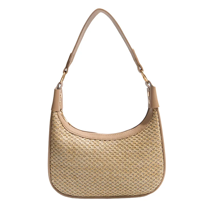 Trendy Summer Women's Straw Woven Handbag Versatile Stylish Underarm Bag Fresh Style Medium Size Zipper Closure Soft Polyeste...