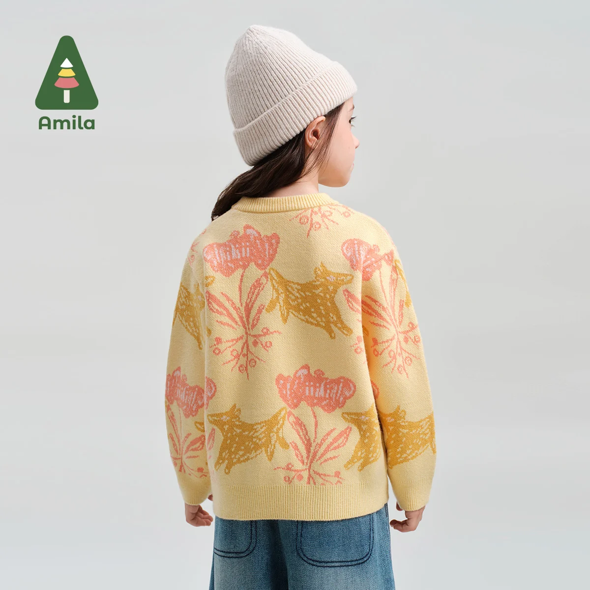 Amila Baby Sweater 2024 Winter New High Quality Girls Flower Pattern Round Neck Warm Soft Loose Comfortable Children’s Tops