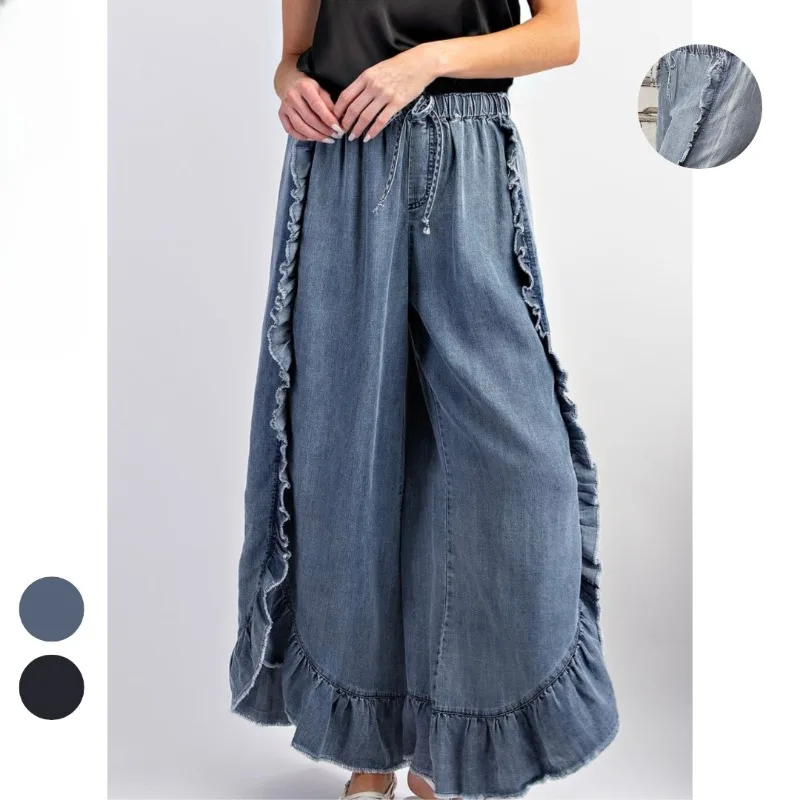 

New European and American Women's Spring and Summer Boho Feng Shui Washing Cotton Denim Ruffled Flared Flared Trousers