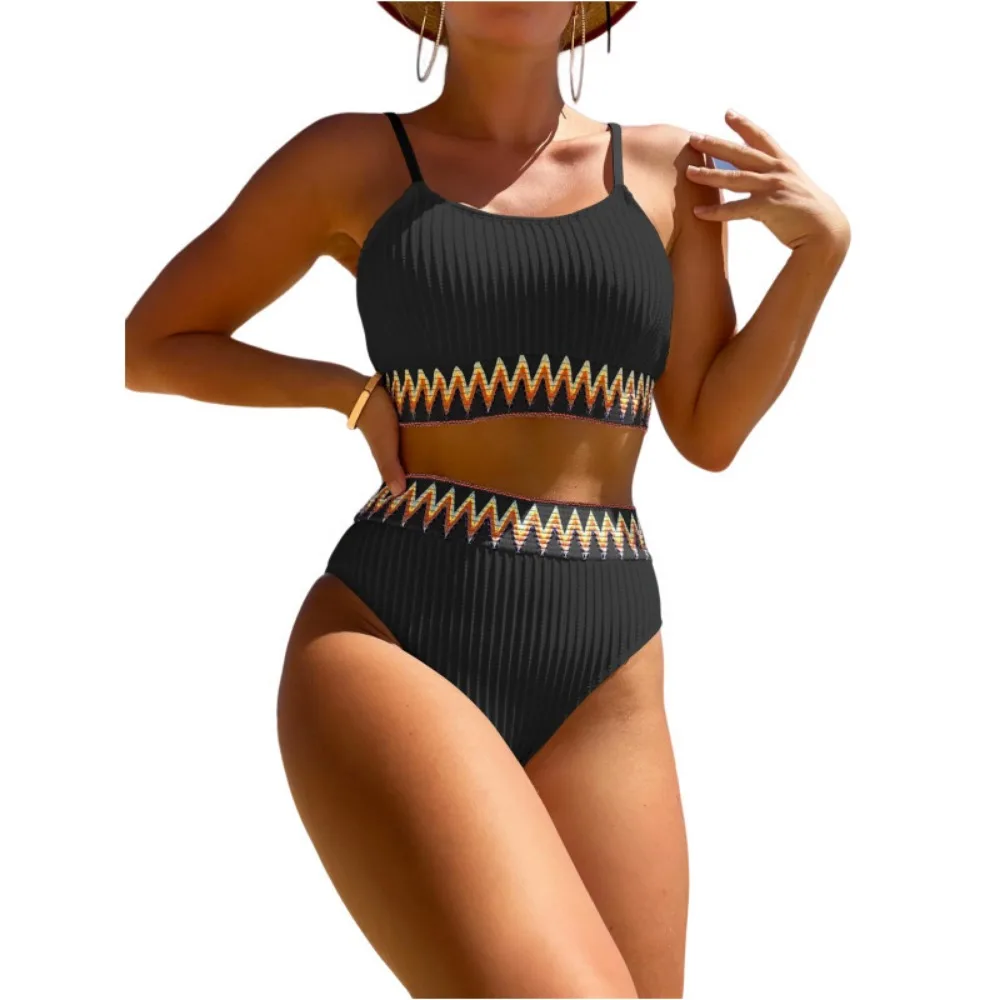 Conjunto de Bikini con abertura de cintura alta para mujer, traje de baño colorido, ropa de playa de verano, bañador de moda