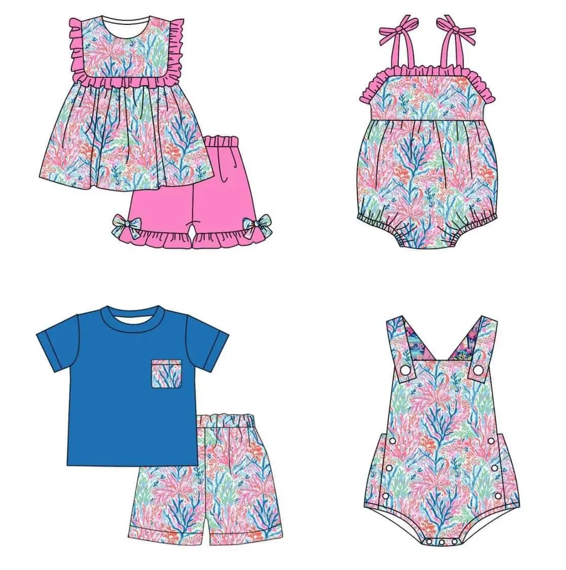 

Summer Matching Sets Color Print Boys Girls Summer Clothes Blue Tops Color Shorts Boutique Clothes Wholesale