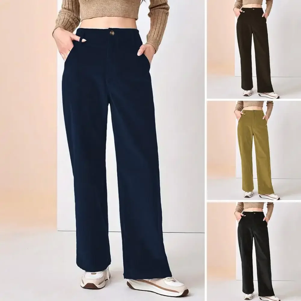 

Women Corduroy Long Pants High Waist Button Zipper Fly Solid Color Straight Wide Leg Trousers with Pockets Daily Wear