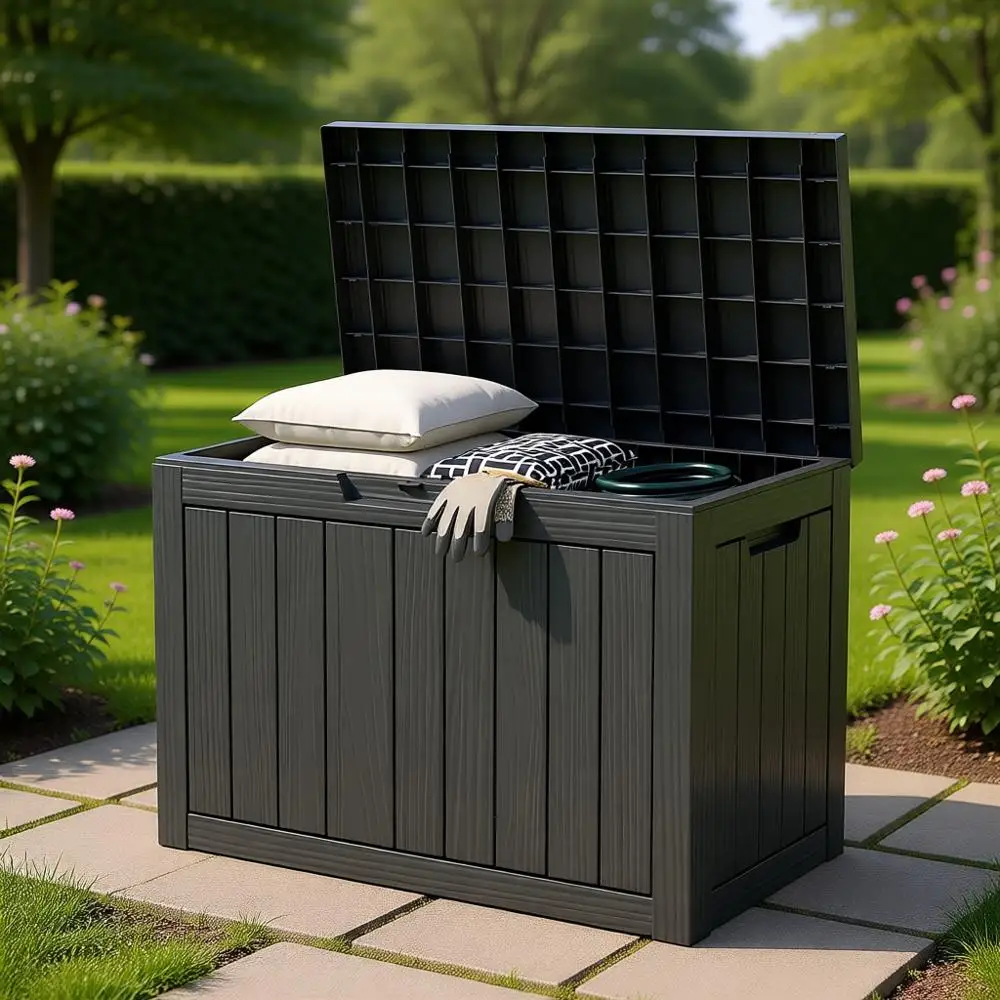 

Всепогодный ящик для хранения на 45 галлонов с запирающейся крышкой — идеально подходит для хранения на открытом воздухе, садовой мебели, садовых инструментов и аксессуаров для бассейна