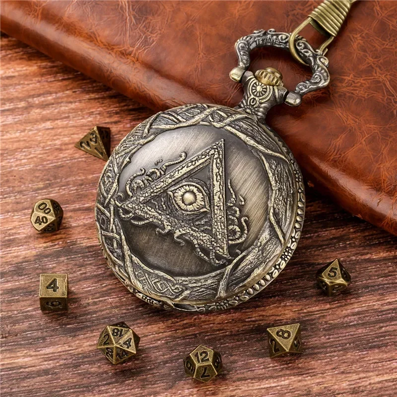 Retro Triangular Eye  Pocket Watch Case Pendant Chain with 7 x Mini Size Metal Polyhedral Dice for Table Board Role Play Game