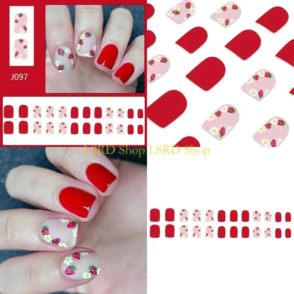 

L8RD 24pcs Short Square Press On with Elegant Strawberry Floral Art False