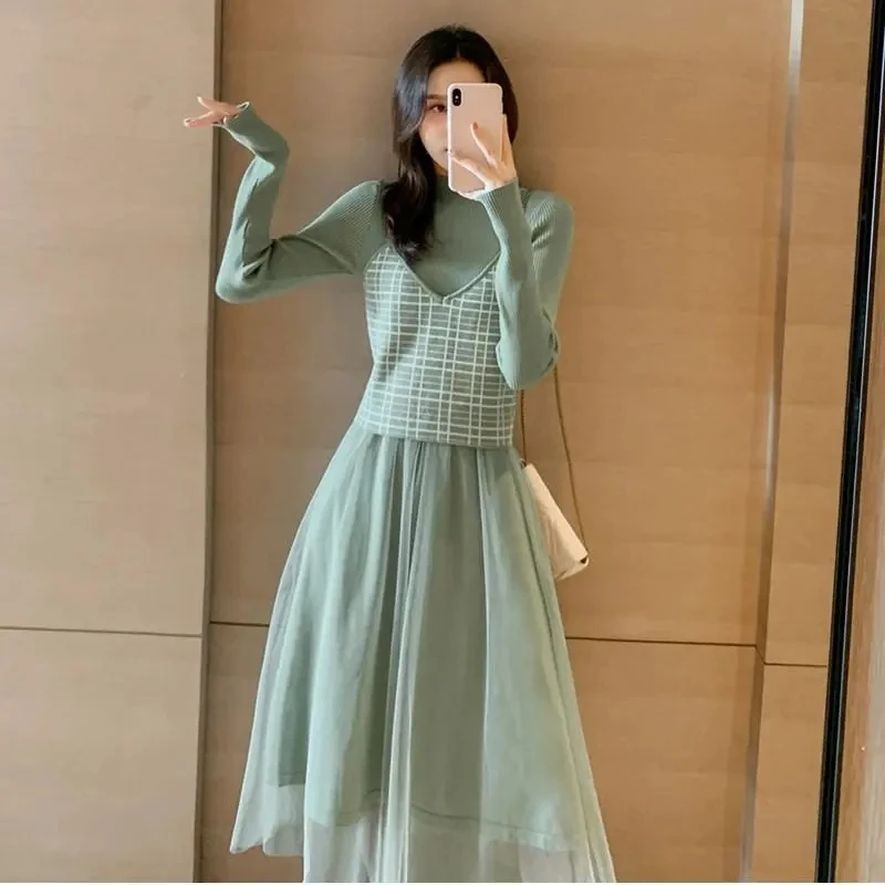 Autumn And Winter New Slim Knit Dress Women's Long-Sleeved Sweater Skirt Two-Piece Suit Fashion Joker Loose Long-Sleeved Skirt