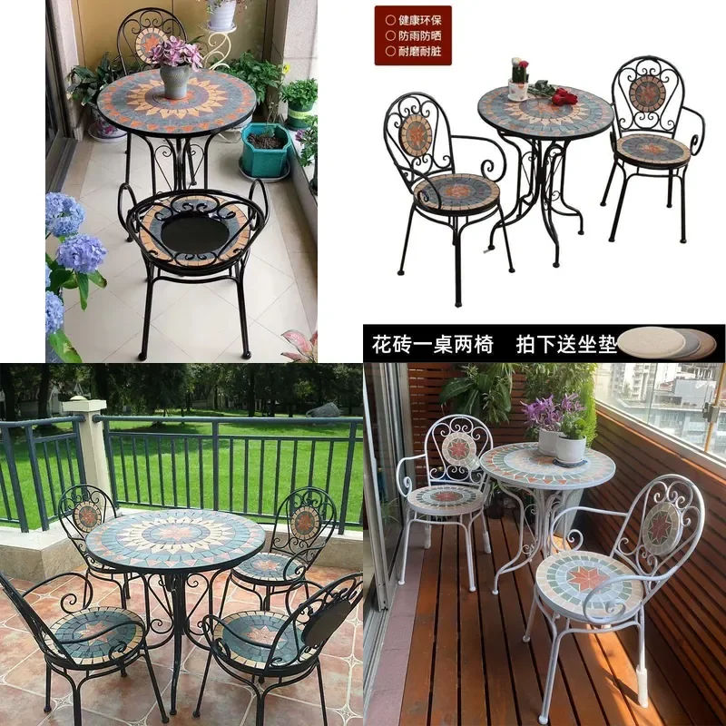 Retro Wrought Iron Mosaic Patio Set 3 Piece Outdoor Garden Table and Chairs Waterproof Courtyard Leisure Furniture