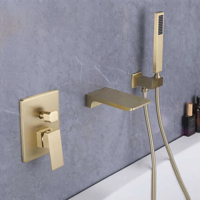 Imagem -03 - Zappo-brushed Gold Bathroom Bathtub Shower Grupo Torneira Misturadora Cascata Montagem na Parede Sistema de Chuveiro de Latão Sólido Chuveiro Portátil