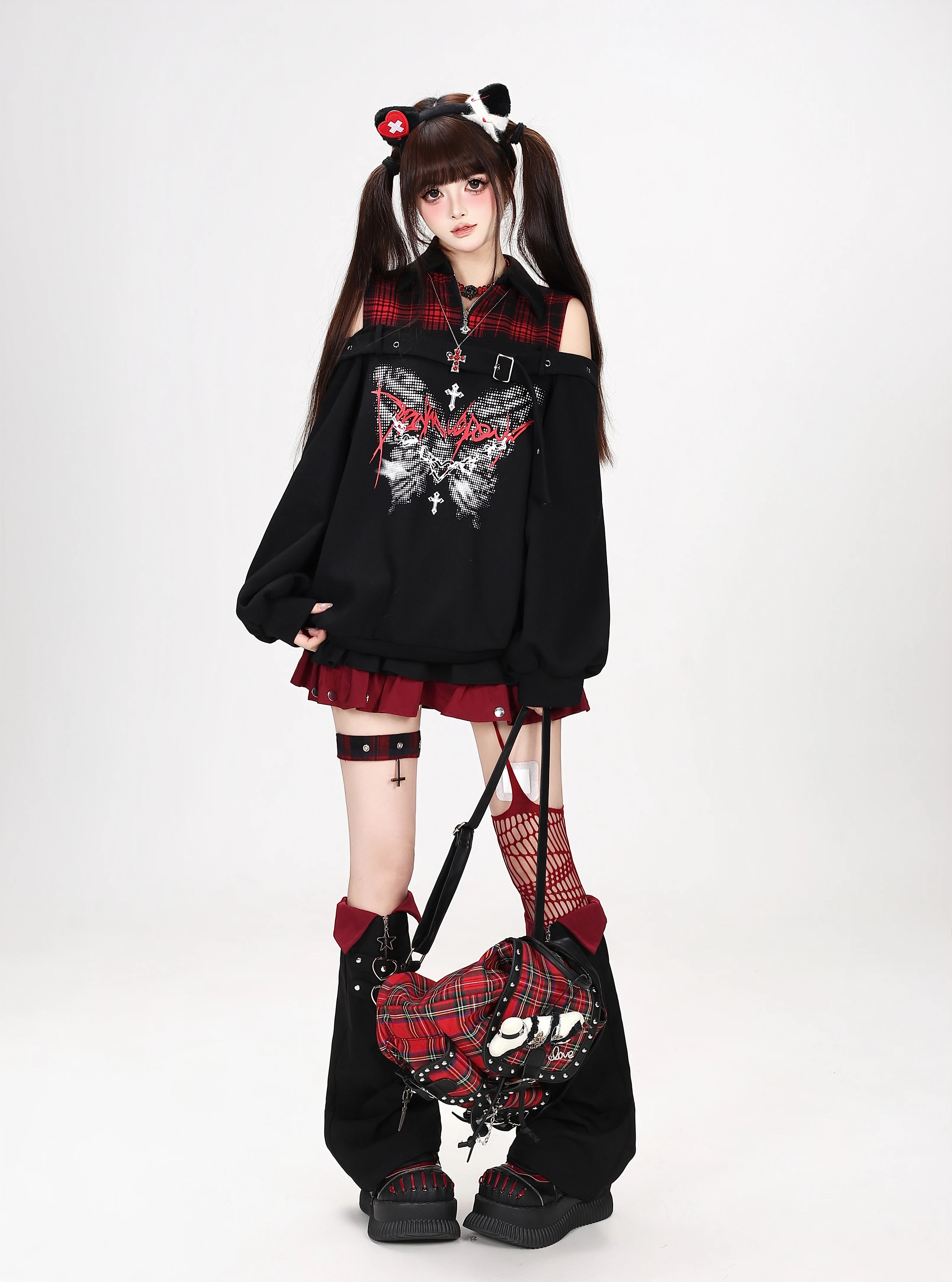 Crazygirl  Shadow Lightweight Cool Original Plaid Patchwork Loose Sweatshirt Spring Autumn Student Ladies Girl Print...