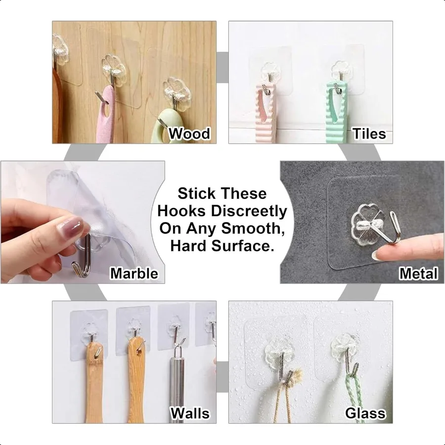 Self Adhesive Hooks 24 Pcs Transparent Waterproof Sticky Hooks Hanging Heavy Duty on Smooth Surfaces Like Wall Tiles Glass Meta