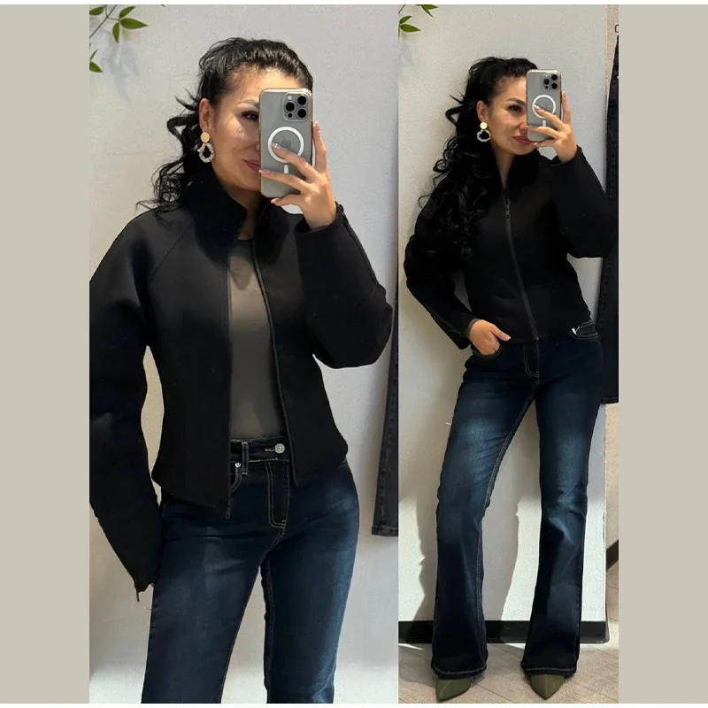 Schwarze Damen-Crop-Jacke mit Stehkragen, durchgehendem Reißverschluss, verstellbaren Manschetten und Reißverschluss, einfarbiger Mantel, 2026, lässig, für den Alltag, Herbst, Streetwear – Detail 16