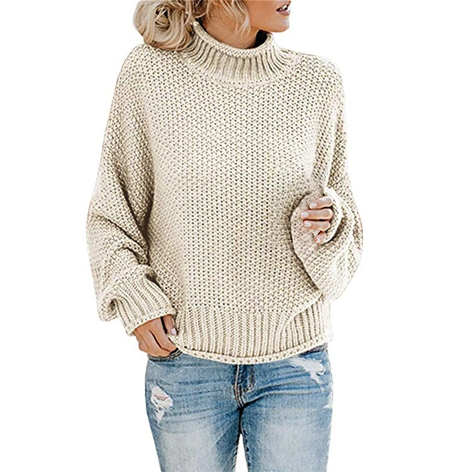 Women's Knitted Sweater Women's Clothing Thick Thread High Neck Pullover Sweater Patterned Pullover Fleece Mens Winter Shirt