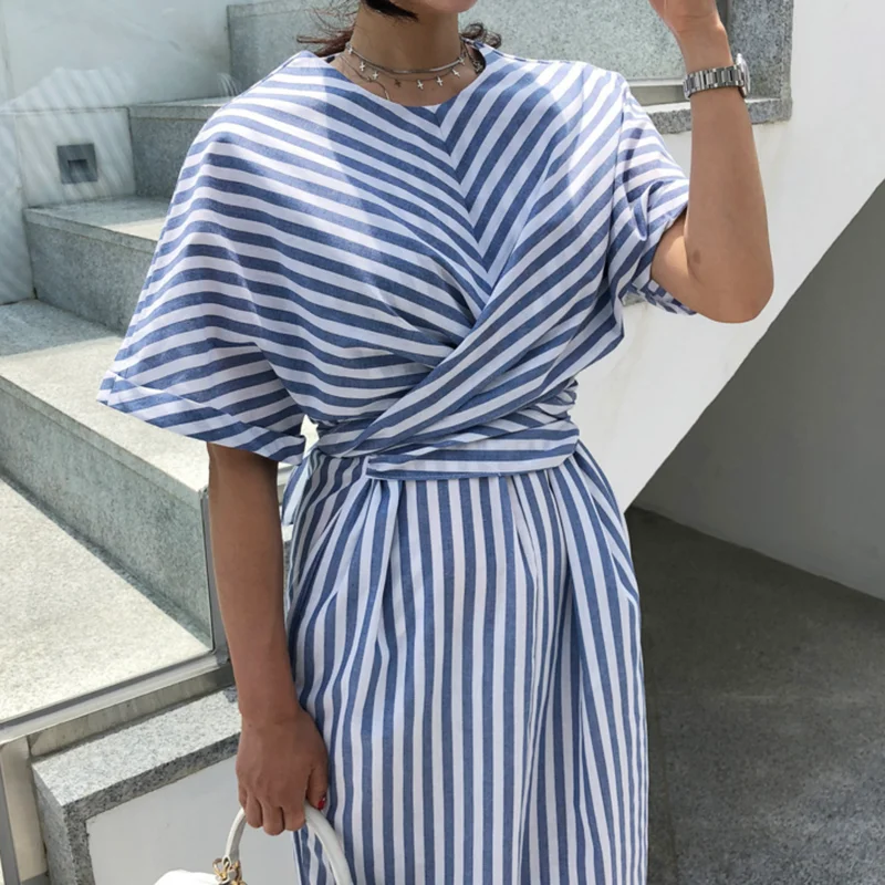 Summer Cotton Striped Pocket Split Long Dress For Woman Casual Office Lady Dresses Fashion Women's Clothing Robe Femme