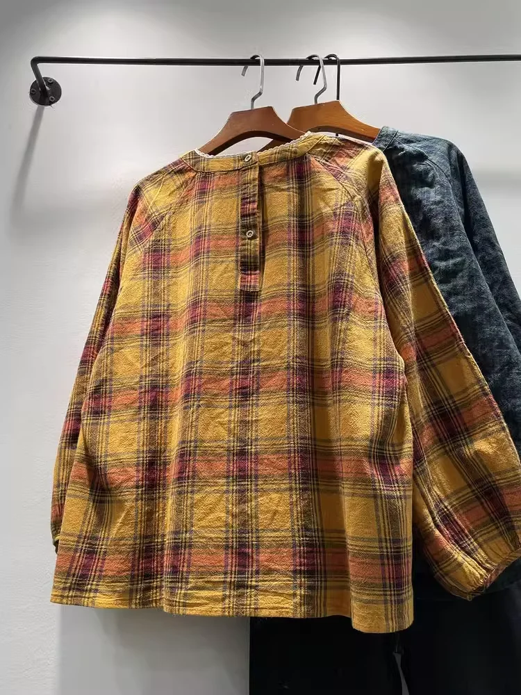 2025 blusas elegantes para mujer mori girl primavera otoño estilo japonés camisas y blusas a cuadros amarillas de algodón tops de manga larga