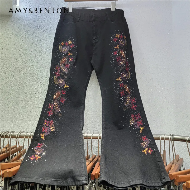 

Джинсы расклешенные с вышивкой и стразами, весна-лето 2026, новинка, с высокой талией, стрейч, облегающие, оверсайз, женские