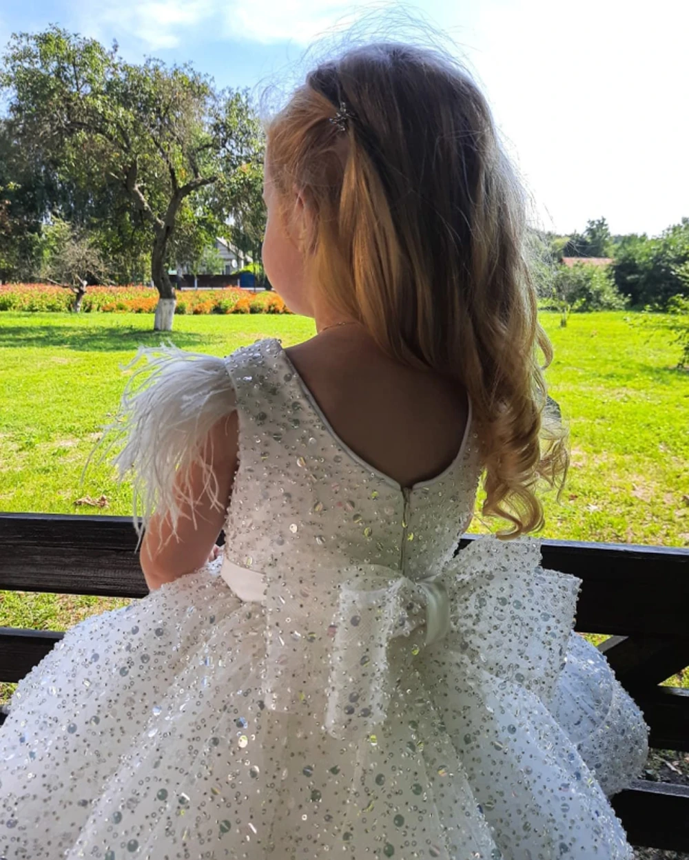 White Tulle Girl Dress Sequined Bows 3-9 Years Children\'s First Communion Ball Gown Wedding Party Bridesmaid Dress Kids Princess