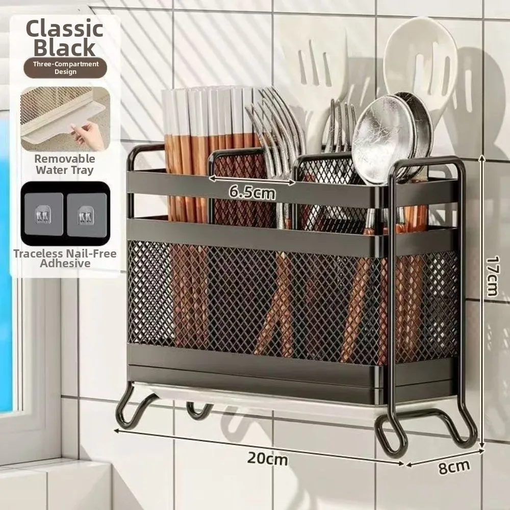 Wall Mounted Chopstick Holder Multi Compartment Rust Proof Cutlery Draining Rack Space Saving Dual Use Kitchen Organizer