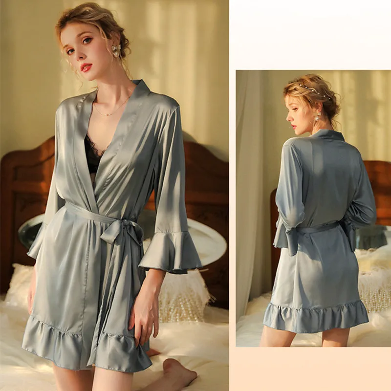 Ruffle Temperament Women's Sleepwear Robes Three-quarter Sleeve Dressing Gown Silk Satin Nightwear Kimono Bridesmaids Bathrobe