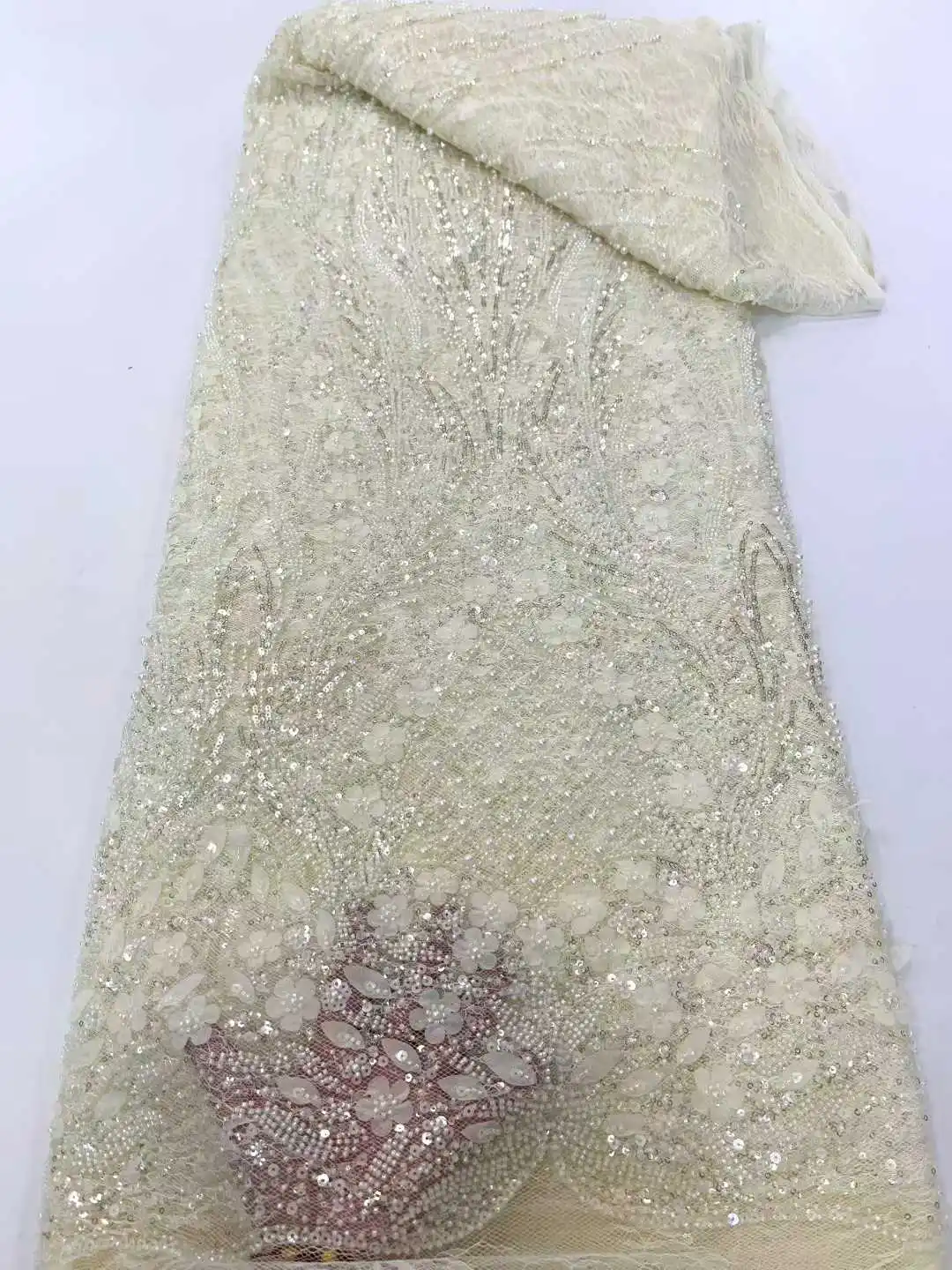 Newest French Sequin Beaded Lace Fabric 5 Yards Nigerian Groom Embroidery Tulle Lace Fabric Bridal Gown Sewing