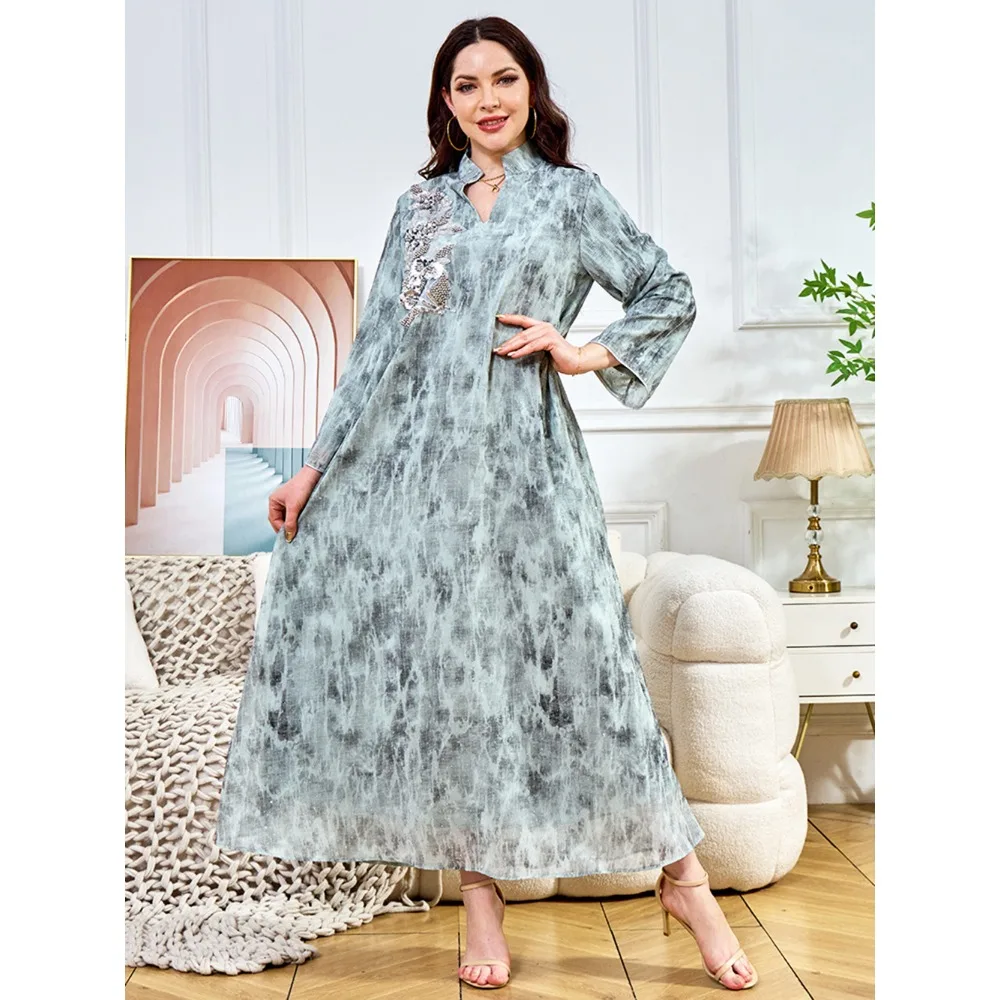 라마단 이슬람 여성 긴 드레스 진주 스팽글 자수 긴 소매 저녁 파티 가운 두바이 Femme 우아한 캐주얼 Vestidos Abaya
